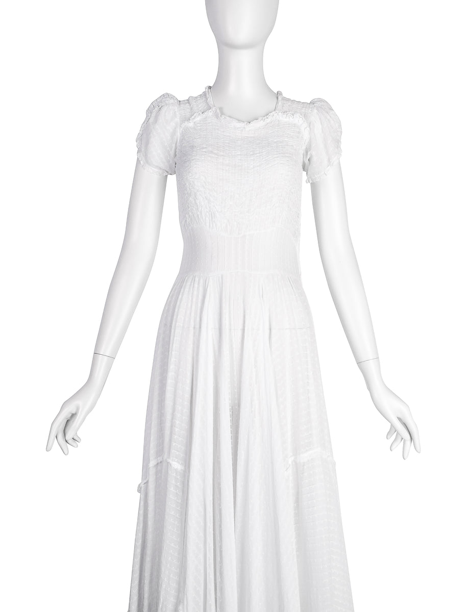 Vintage 1930s Embroidered Dot Smocked Lace White Cotton Voile Full Skirt Gown Vintage 1930s Embroidered Dot Smocked Lace White Cotton Voile Full Skirt Gown