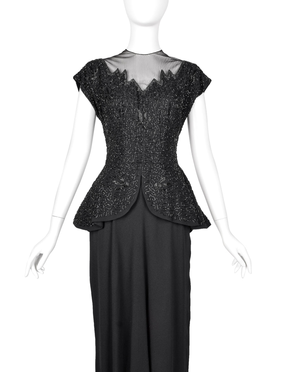 1940s formal dresses Vintage Black Beaded Rayon Peplum Dress – Amarcord Vintage Fashion Spr23