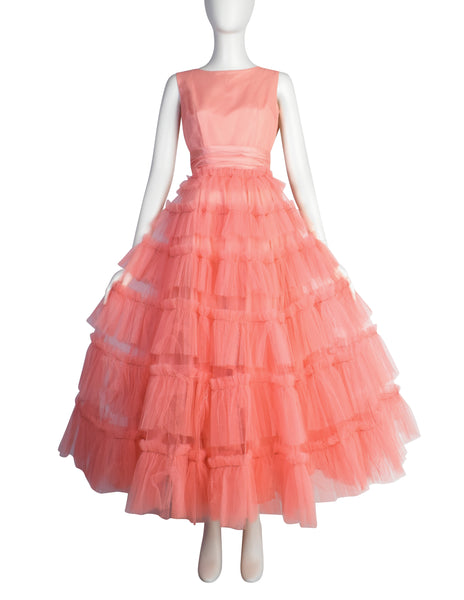 Vintage 1950s Pink Layered Mesh Tulle Tiered Cupcake Party Dress