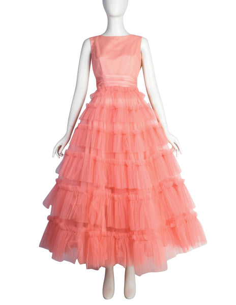 Vintage 1950s Pink Layered Mesh Tulle Tiered Cupcake Party Dress