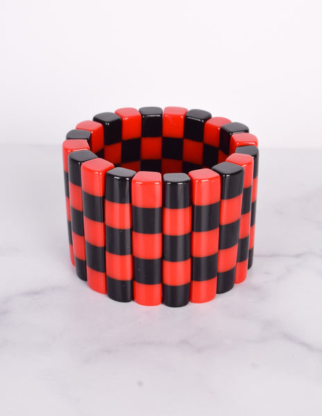 Vintage 1980s Red and Black Checkered Stretch Bracelet