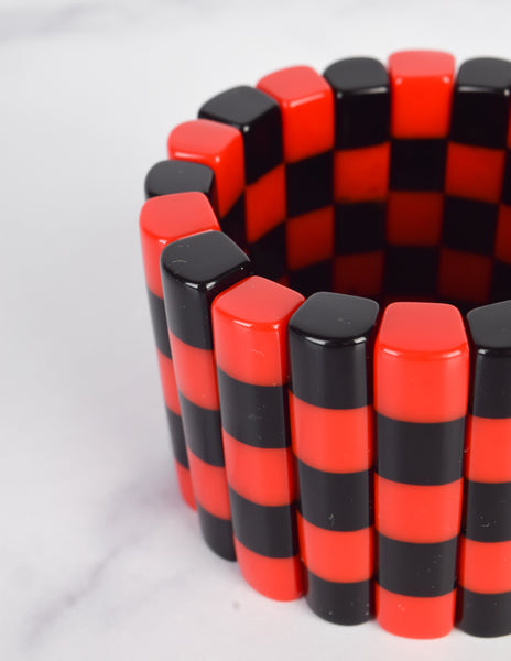 Vintage 1980s Red and Black Checkered Stretch Bracelet
