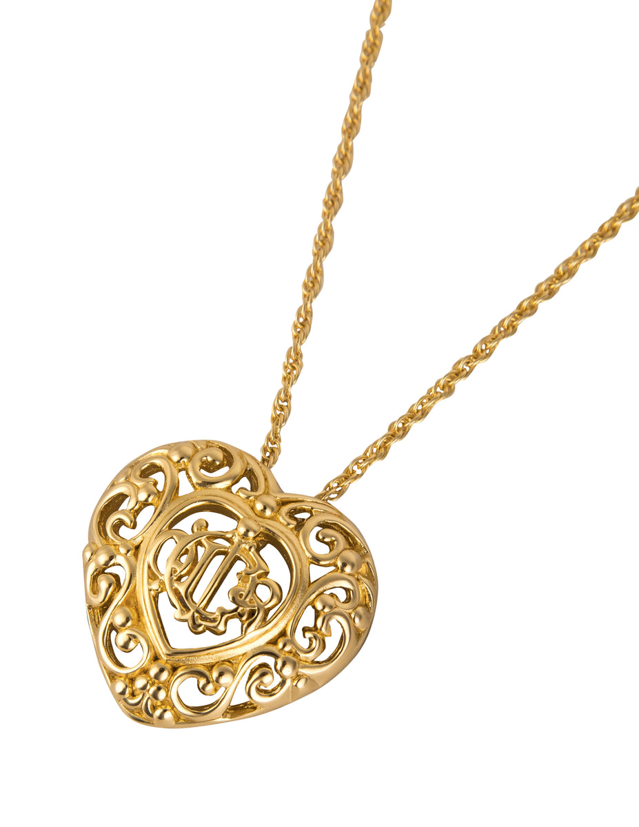 Christian Dior Vintage Golden Monogram Logo Baroque Heart Necklace