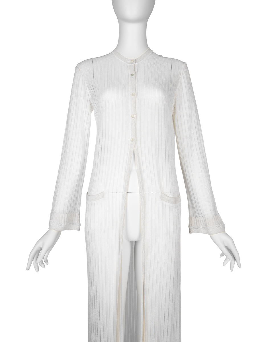 Azzedine Alaia Vintage SS 1992 Sheer White Striped Mesh Knit Maxi