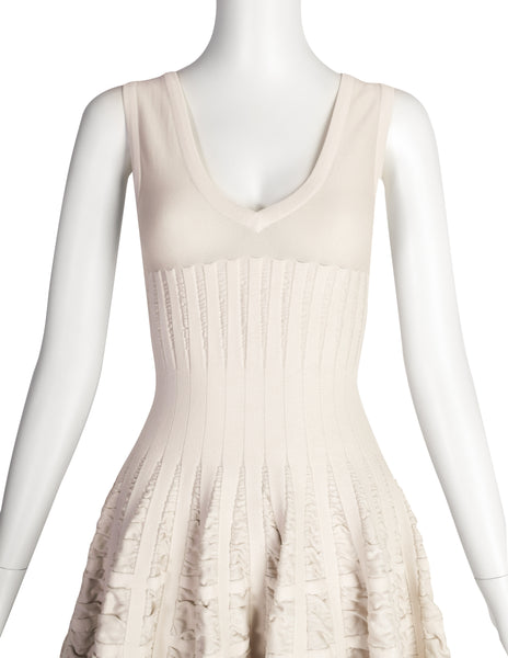 Alaia Vintage SS 2009 Light Beige Ruched Inset Knit Flounce Dress