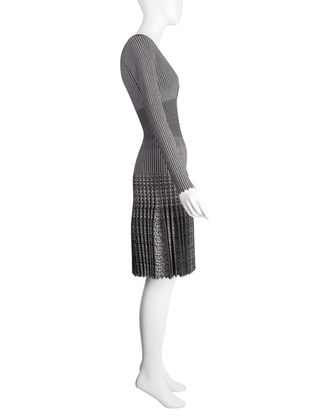 Azzedine Alaia AW 2011 Black White Patterned Wool Pleated Skirt Dress