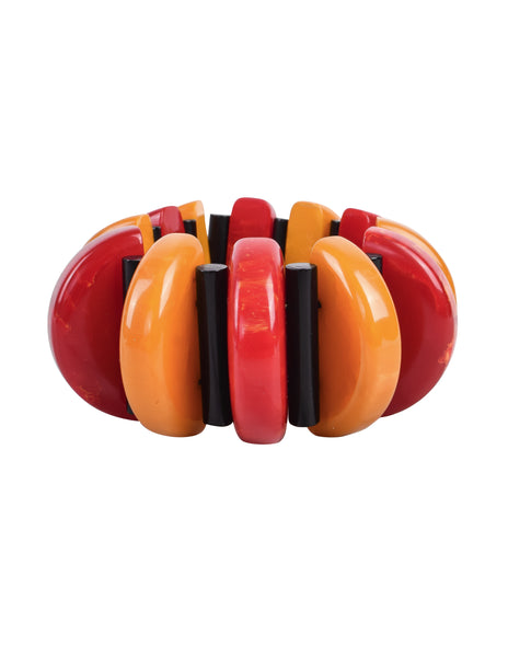 1980s Vintage Red Black Orange Bakelite and Resin Stretch Bracelet