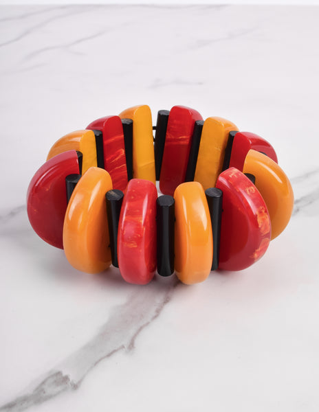 1980s Vintage Red Black Orange Bakelite and Resin Stretch Bracelet