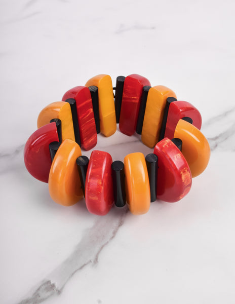 1980s Vintage Red Black Orange Bakelite and Resin Stretch Bracelet