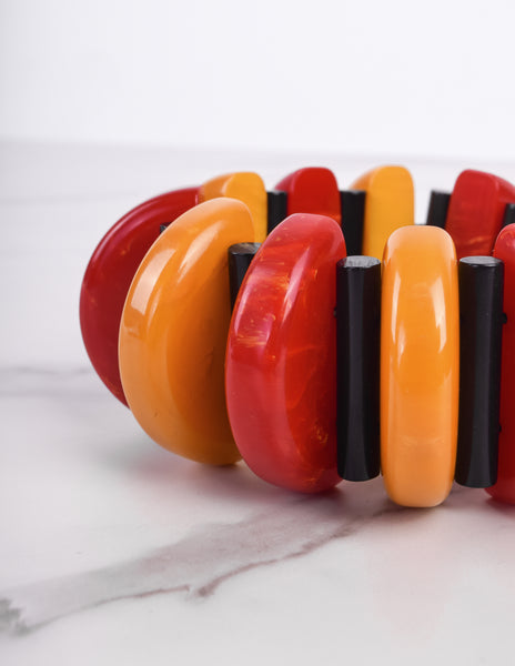 1980s Vintage Red Black Orange Bakelite and Resin Stretch Bracelet