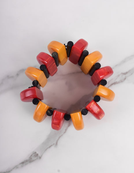 1980s Vintage Red Black Orange Bakelite and Resin Stretch Bracelet