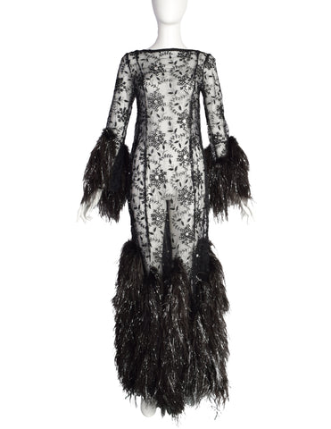 Vintage 1980s Outstanding Black Sheer Floral Embroidered Rhinestone Embellished Ostrich Feather Gown