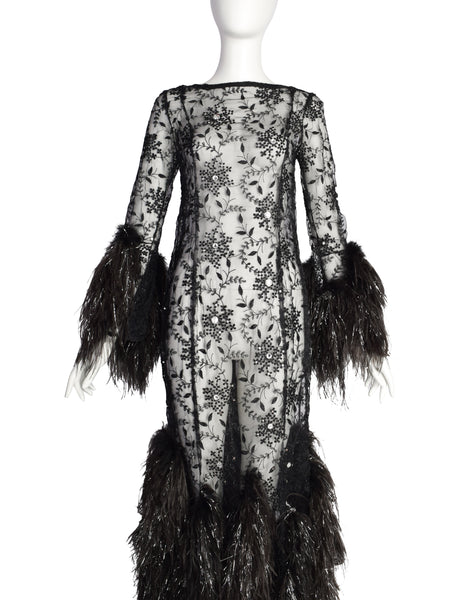 Vintage 1980s Outstanding Black Sheer Floral Embroidered Rhinestone Embellished Ostrich Feather Gown