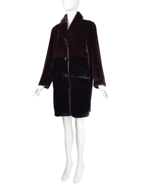 Bottega Veneta Vintage 1990s Two Tone Brown Black Faux Fur Coat