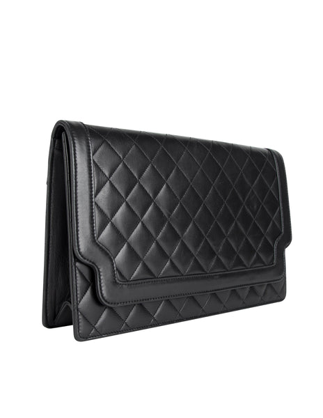 Chanel Vintage c. 1989-1991 Black Matelasse Lambskin Leather Clutch Bag
