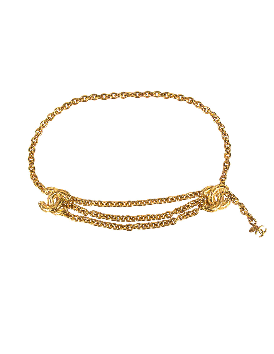 Chanel Vintage Golden Quilted CC Logo Triple Row Chain Belt