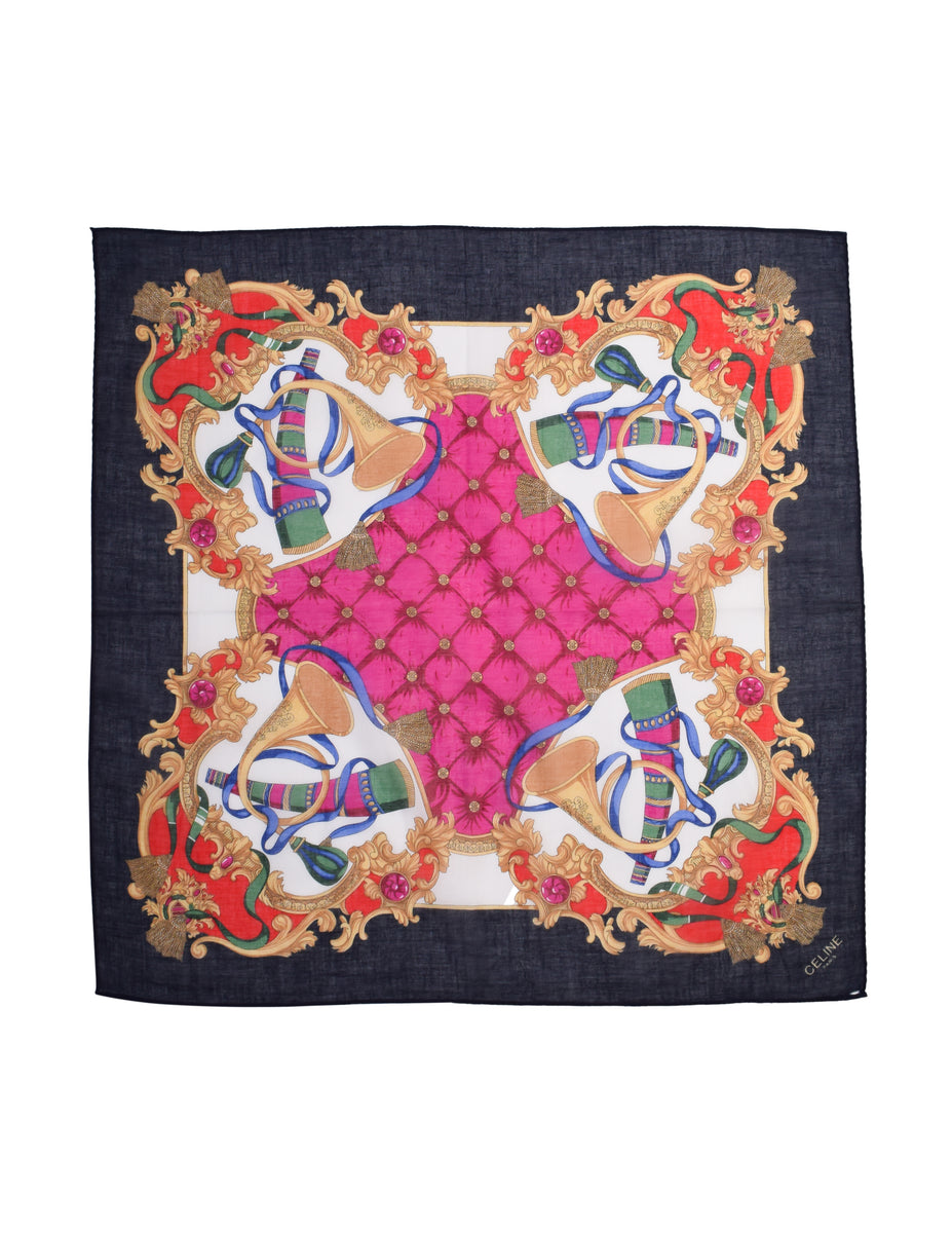 Celine Vintage Navy Colorful Baroque French Horn Motif
