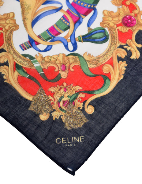 Celine Vintage Navy Colorful Baroque French Horn Motif Cotton Scarf