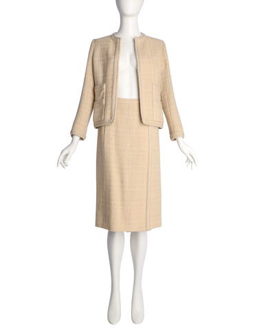 Chanel Vintage 1980s Almond Wool Tweed Boucle Jacket and Skirt Suit