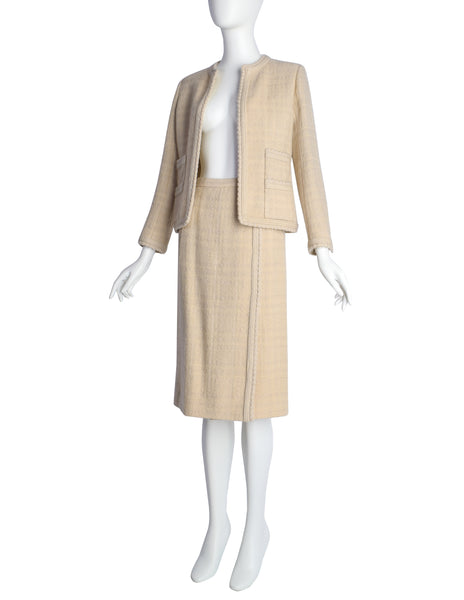 Chanel Vintage 1980s Almond Wool Tweed Boucle Jacket and Skirt Suit