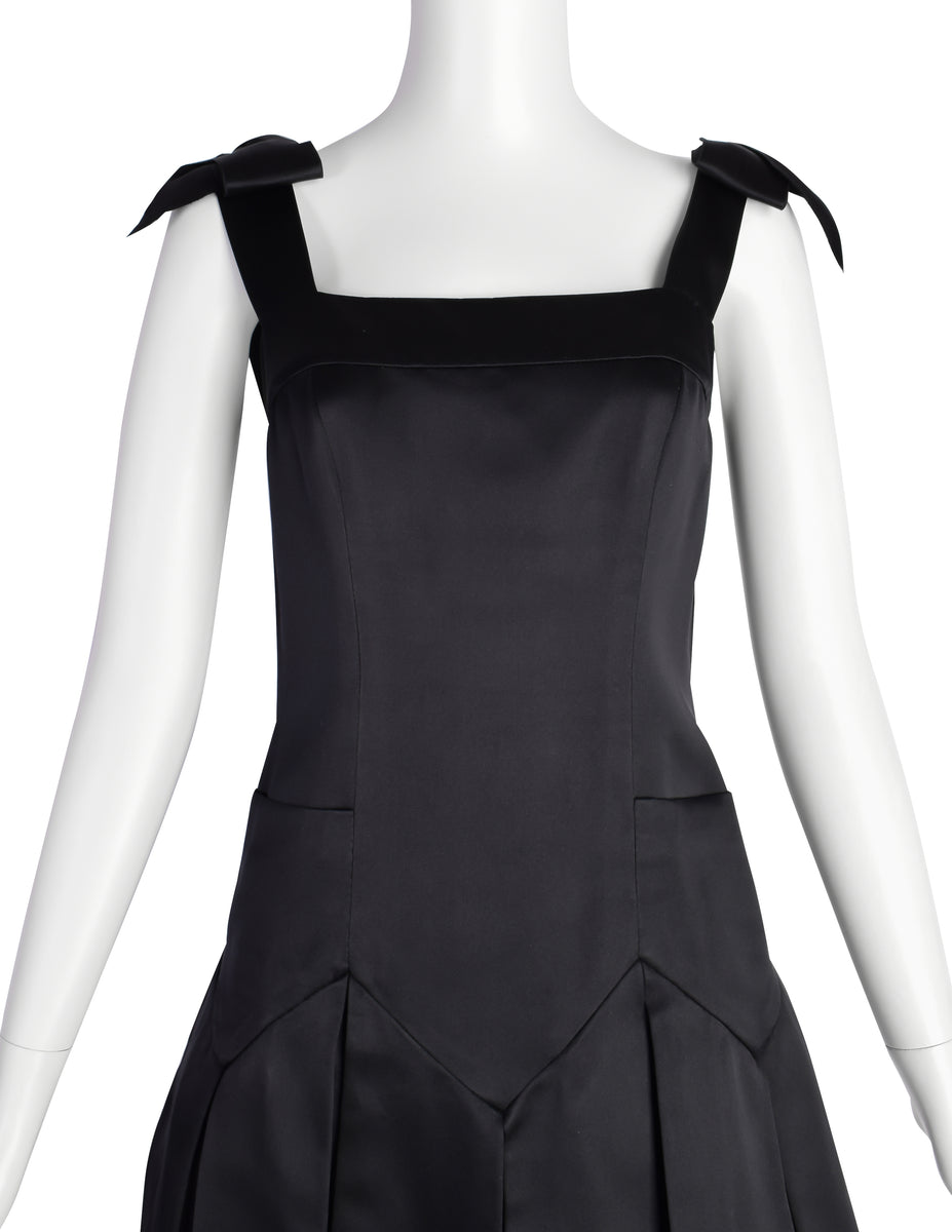 vintage chanel mini dress Chanel Vintage 1990s Black Silk Satin Bow Pleated Mini Dress