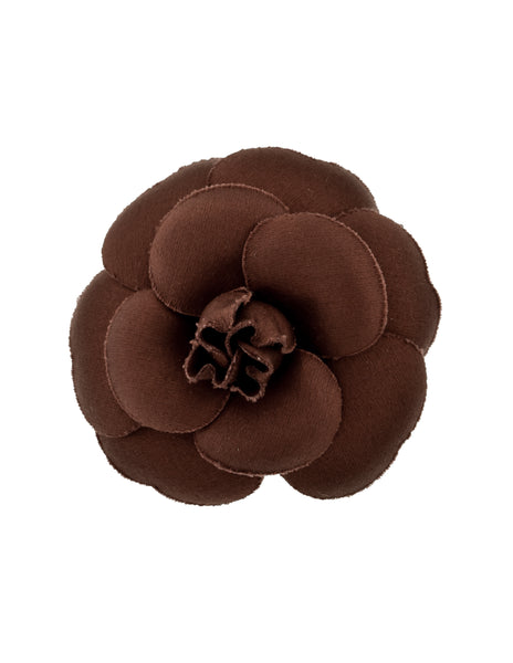 Chanel Vintage SS 1993 Chocolate Brown Structure Silk Camellia Flower Brooch Pin