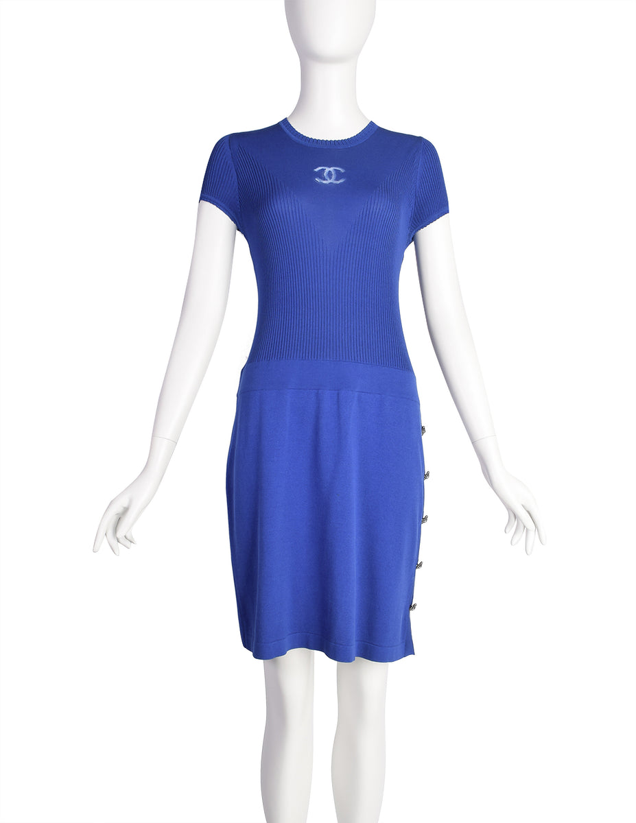 chanel blue dress Chanel Vintage CC Logo Cobalt Blue Silk Cotton Knit Dress – Amarcord Vintage Fashion
