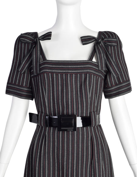 Chanel Vintage AW 2007 Black White Red Pinstripe Wool Bow Wiggle Dress with Belt