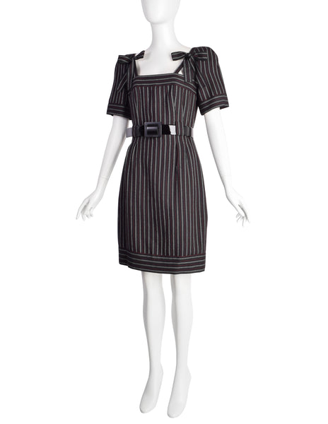 Chanel Vintage AW 2007 Black White Red Pinstripe Wool Bow Wiggle Dress with Belt