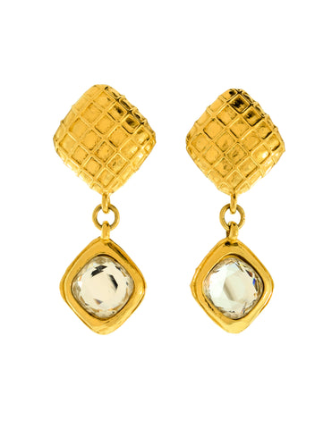 Chanel Vintage 1980s Golden Quilted Effect Crystal Dangle Earrings