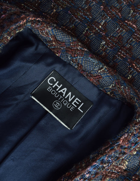 Chanel Vintage AW 1994 Blue Burgundy Houndstooth Tweed Jacket