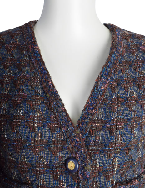 Chanel Vintage AW 1994 Blue Burgundy Houndstooth Tweed Jacket