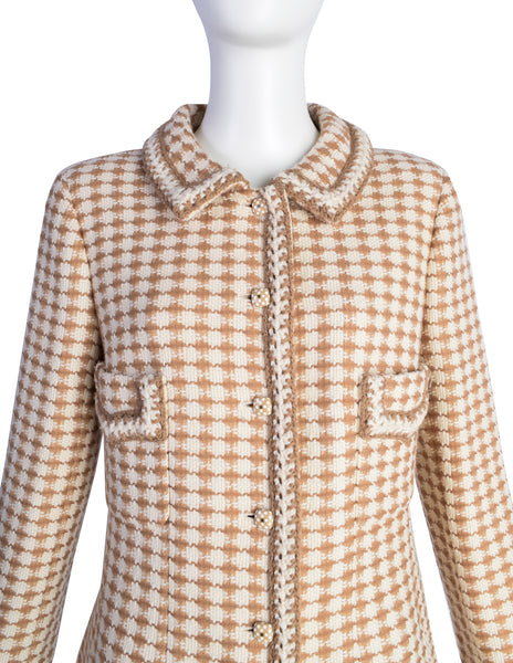 Chanel Vintage AW 2000 Light Brown & Cream Houndstooth Tweed Longline Jacket