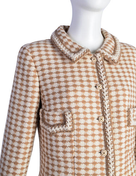 Chanel Vintage AW 2000 Light Brown & Cream Houndstooth Tweed Longline Jacket