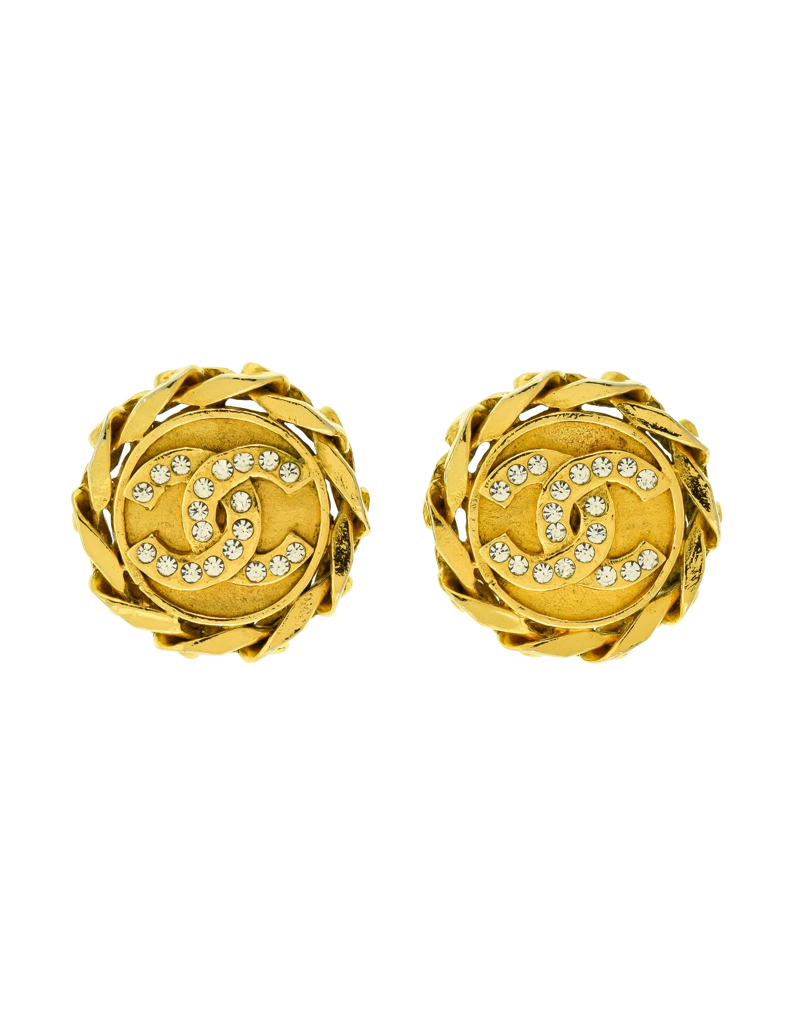 Chanel Vintage Collection 23 Exceptional Gold Plated Rhinestone CC Logo Chain Border Earrings