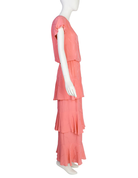 Chloe Vintage SS 1980 Coral Crepe de Chine Silk Jacquard Top and Tiered Skirt Ensemble