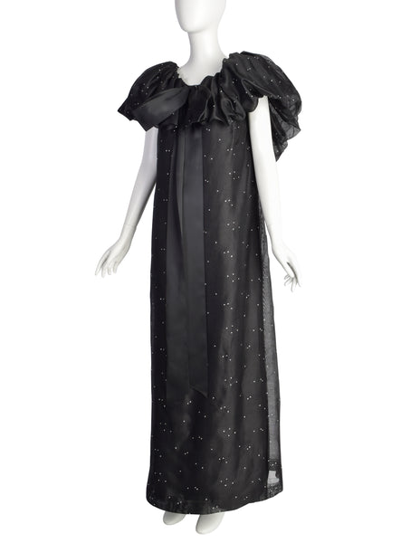 Christian Dior Vintage Black Silk Gazar Rhinestone Embellished Ruffle Collar Evening Gown