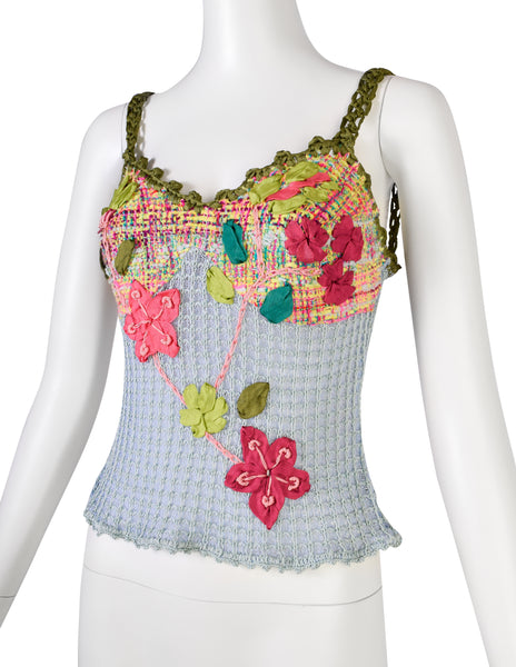 Christian Lacroix Vintage SS 2000 Baby Blue Multicolor Floral Embellished Knit Crochet Tank Top & Cardigan Twin Set