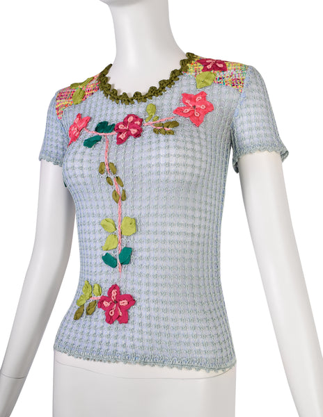 Christian Lacroix Vintage SS 2000 Baby Blue Multicolor Floral Embellished Knit Crochet Tee Sweater