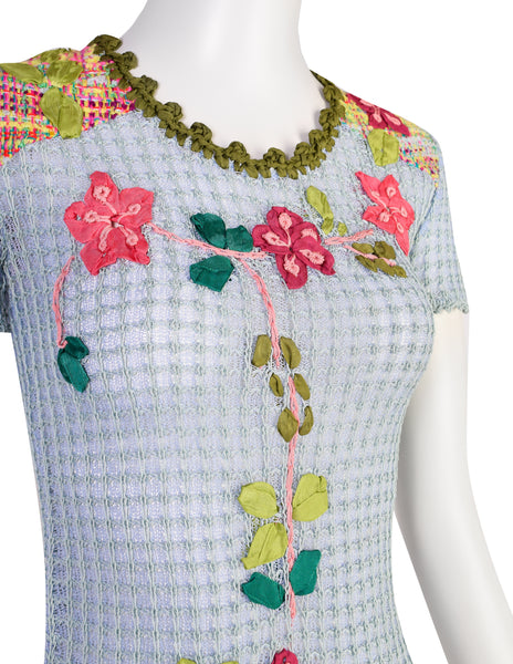 Christian Lacroix Vintage SS 2000 Baby Blue Multicolor Floral Embellished Knit Crochet Tee Sweater