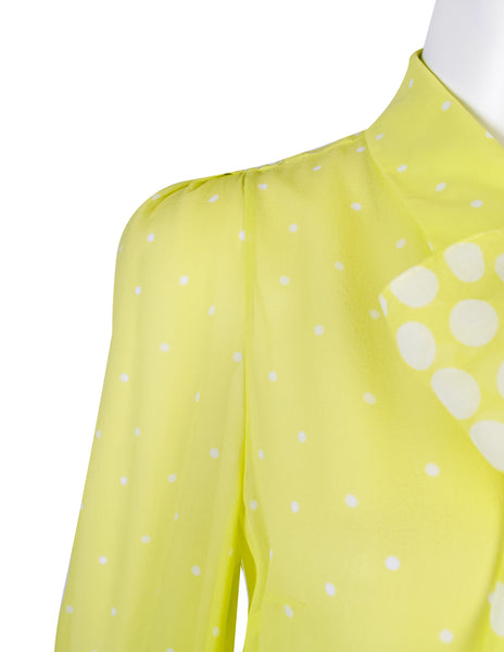 Christian Lacroix Vintage Neon Yellow-Green Polka Dot Silk Georgette Lavaliere Shirt