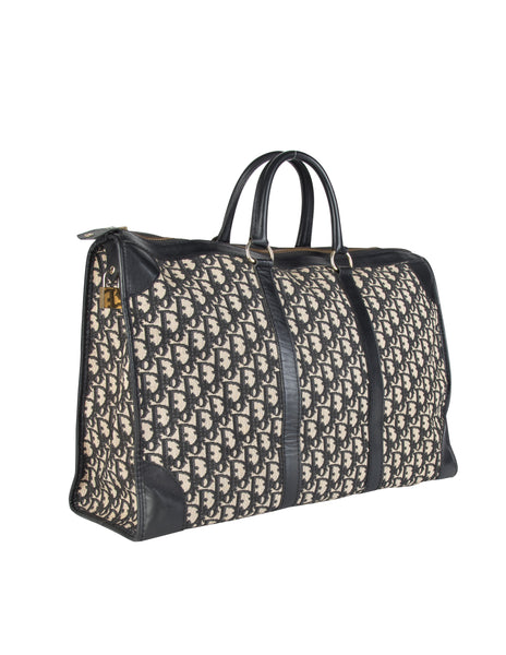 Christian Dior Vintage 1970s Deep Blue Oblique Monogram Canvas and Leather Large Carry On Bag