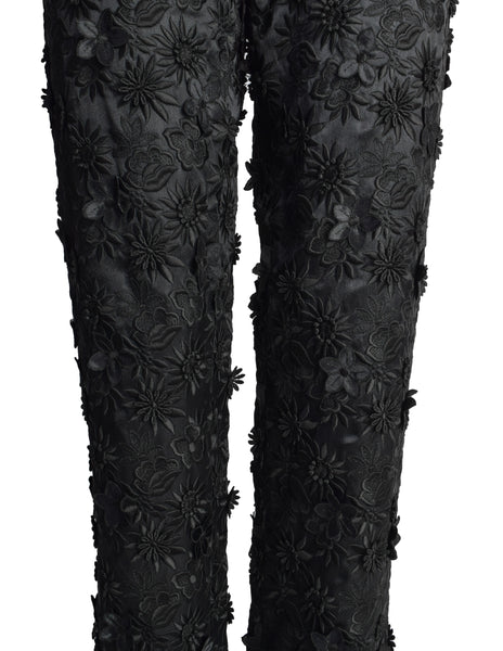 Dirk Bikkembergs Vintage Black Embroidered Floral Applique Satin High Waist Pants