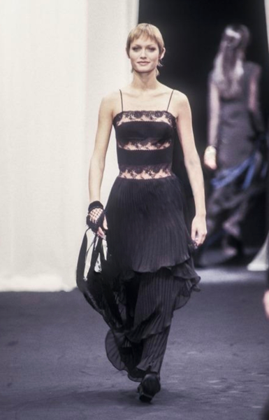 Alberta Ferretti Vintage AW 1993 Phenomenal Pleated Tiered Black Silk Lace Dress