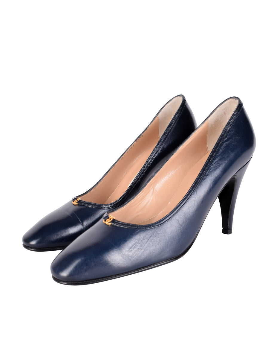 靴 Vintage Gucci Blue Satin Heels 6 1/2 GUCCINAVYBLUELEATHERPUMPS_3of8