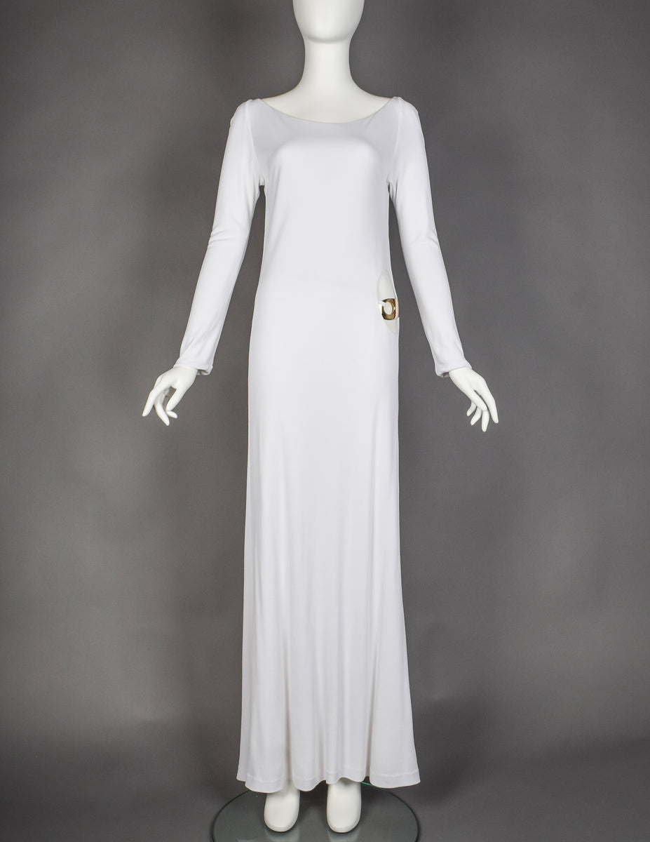 Gucci by Tom Ford Vintage AW 1996 Legendary White Jersey & Mariner Link Cutout Gown Gucci by Tom Ford Vintage AW 1996 Legendary White Jersey & Mariner Link Cutout Gown