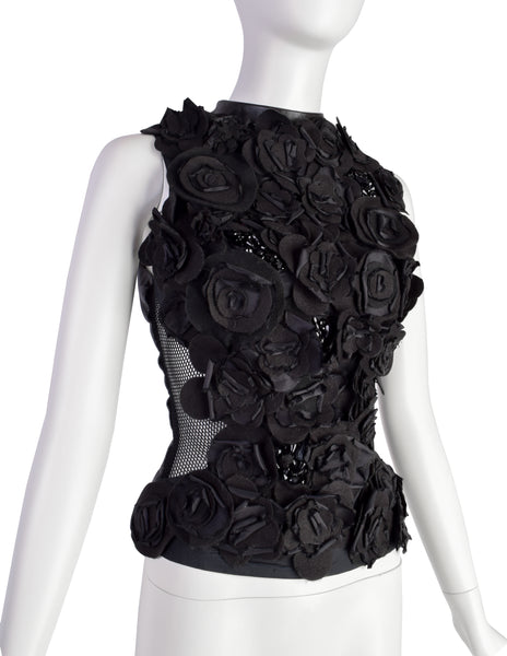 Gemma Kahng Vintage 1990s Black Flower Beaded Embellished Leather Fishnet Top