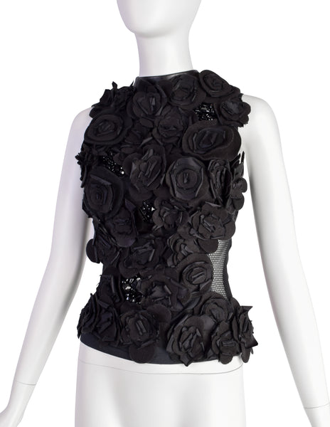 Gemma Kahng Vintage 1990s Black Flower Beaded Embellished Leather Fishnet Top