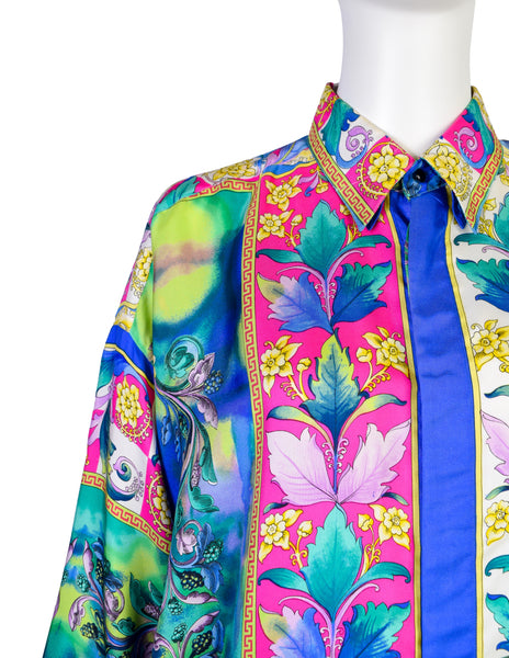Gianni Versace Vintage SS 1994 Men's Baroque Tropical Floral Medusa Watercolor Print Button Up Shirt