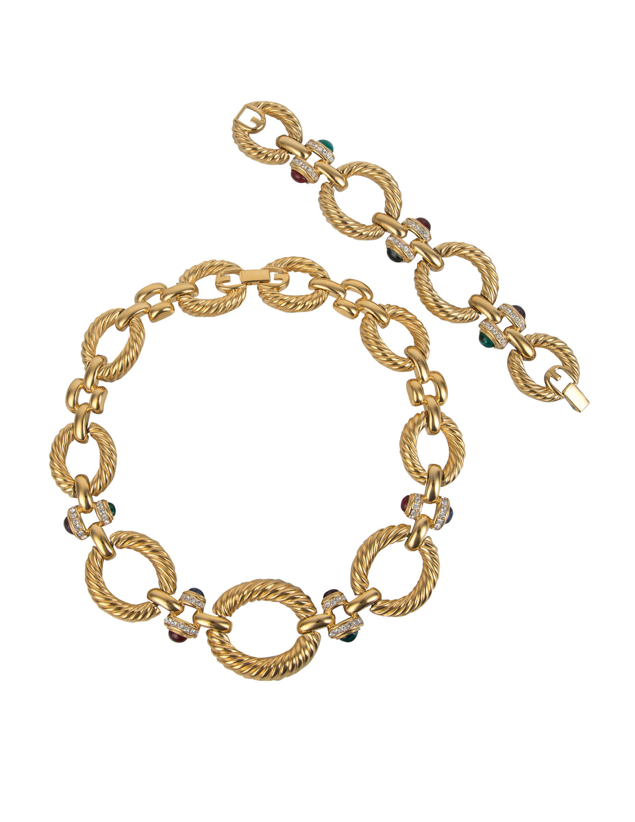 Givenchy Vintage Golden Twisted Link Multicolor Gem Necklace and